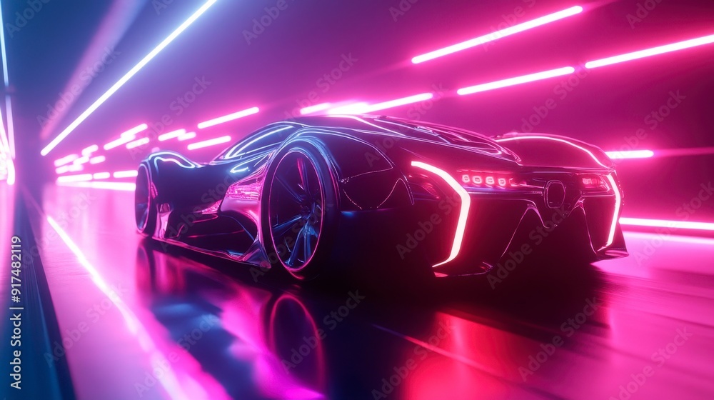 A futuristic sports car races down the neon highway of a nighttime city A futuristic sports car races down the neon highway of a nighttime city