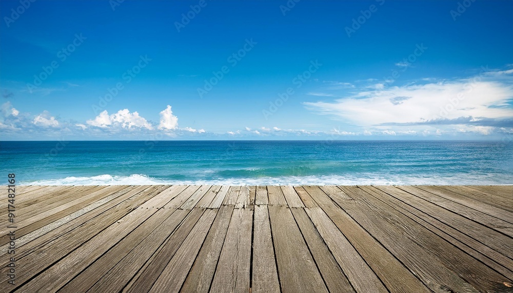 Obraz premium A wooden deck with a view of the ocean