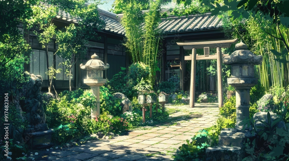 A traditional Japanese house's backyard with a torii gate, stone lanterns, and a lush bamboo garden in anime style A traditional Japanese house's backyard with a torii gate, stone lanterns, and a lush bamboo garden in anime style