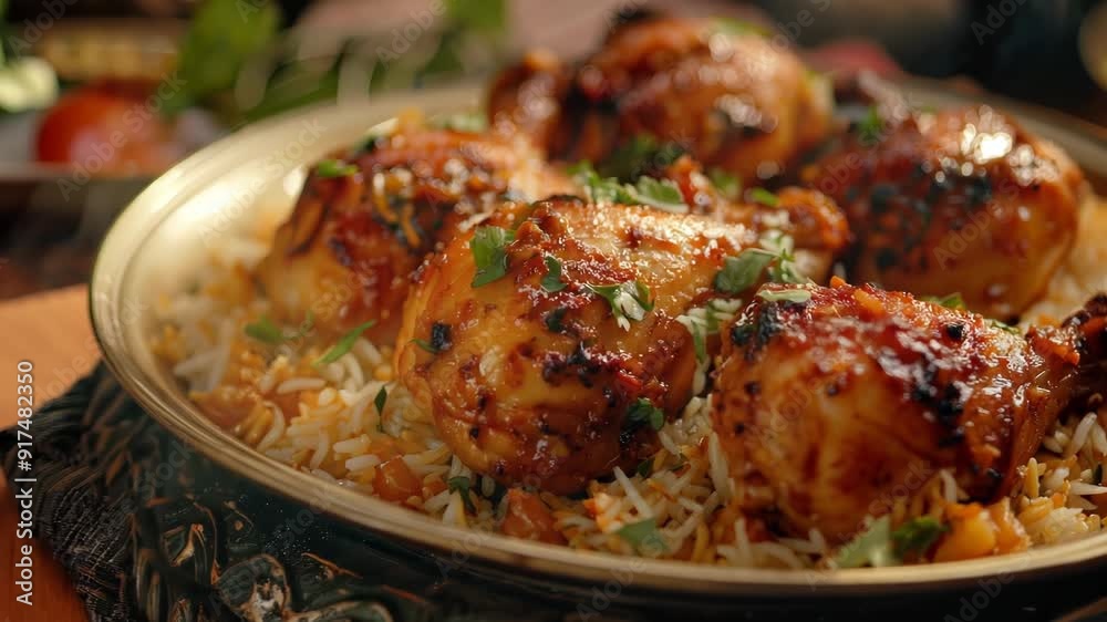 Mouth-watering Indian cuisine with tender pieces of chicken marinated in spices, served over fluffy white rice. Mouth-watering Indian cuisine with tender pieces of chicken marinated in spices, served over fluffy white rice.