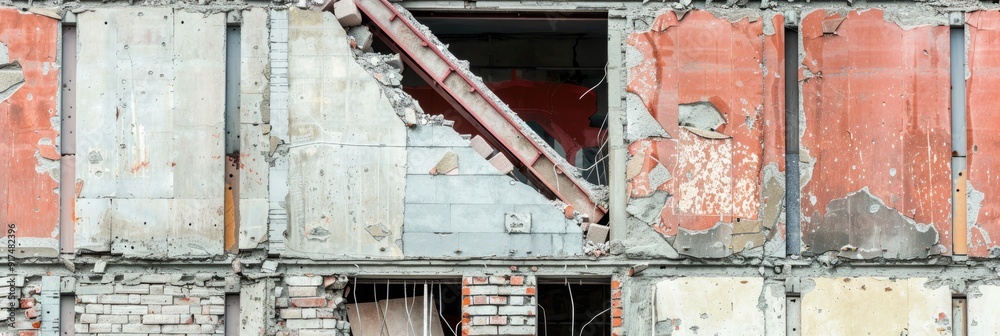 Facade of a Building with a Plastic Slide Chute for Removing Rubble Debris on a Restoration Construction Site Facade of a Building with a Plastic Slide Chute for Removing Rubble Debris on a Restoration Construction Site