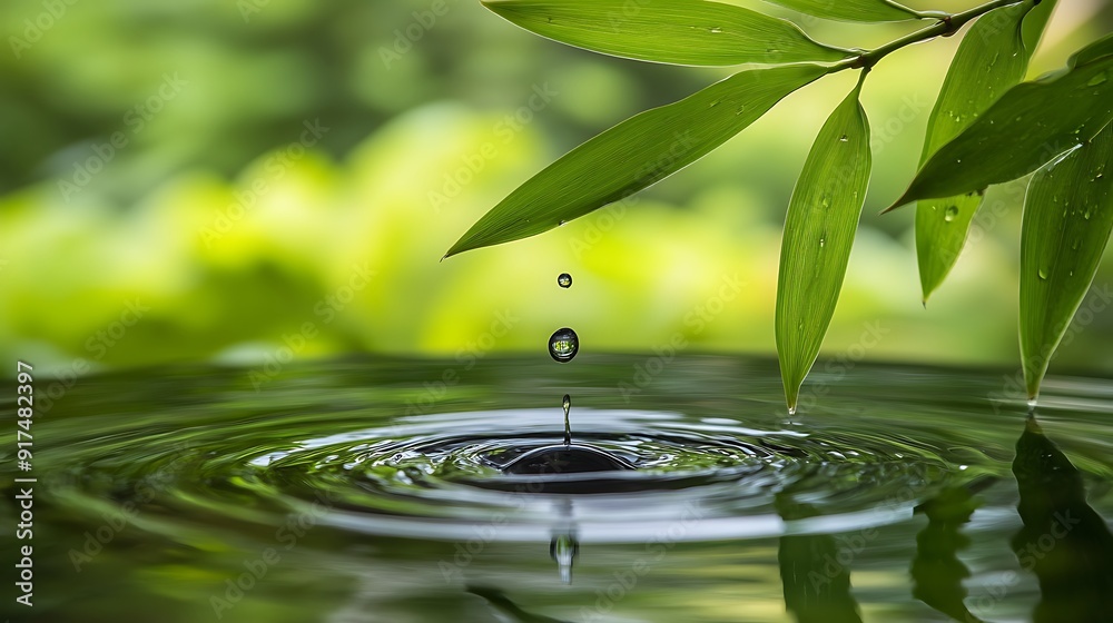 Close-Up of a Water Drop Falling Elegantly from a Green Leaf, Capturing the Essence of Freshness Close-Up of a Water Drop Falling Elegantly from a Green Leaf, Capturing the Essence of Freshness