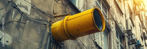 Yellow telescope rubbish chute Plastic rubbish chute installed on building exterior Renovation in vintage apartment or office Elimination of building waste from above Disposal pipe for debr photo