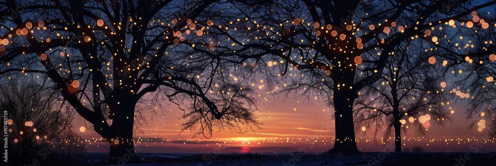 Winter tree silhouettes with glowing fairy lights at sunset Winter tree silhouettes with glowing fairy lights at sunset
