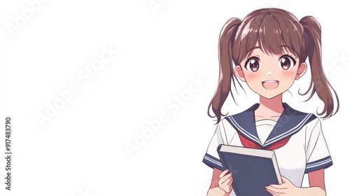 Anime-style cute woman with a playful wink, pigtails, and a school uniform, holding a notebook, isolated on white