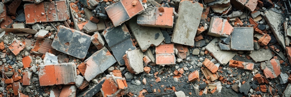 Debris from dismantled building scattered bricks and cement fragments Debris from dismantled building scattered bricks and cement fragments