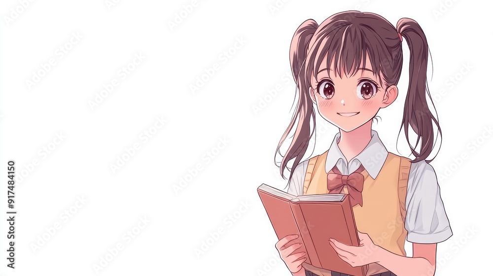 Anime-style cute woman with twin ponytails, a shy smile, and a school uniform, holding a notebook, isolated on white Anime-style cute woman with twin ponytails, a shy smile, and a school uniform, holding a notebook, isolated on white