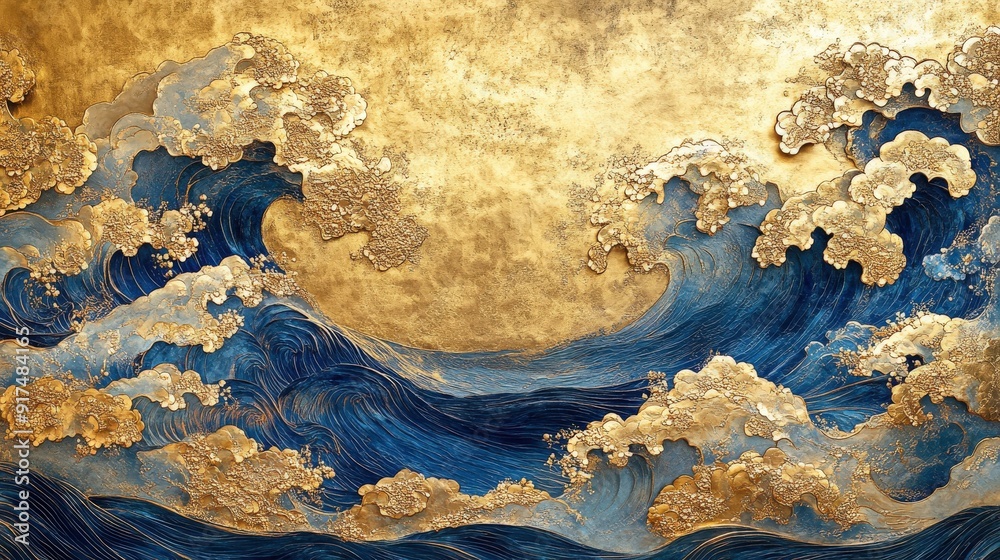 Oriental-inspired golden clouds and blue waves, with detailed inlay, eccentric penmanship, and biomorphic patterns, rendered in the Shin Hanga style with high ornamentation Oriental-inspired golden clouds and blue waves, with detailed inlay, eccentric penmanship, and biomorphic patterns, rendered in the Shin Hanga style with high ornamentation