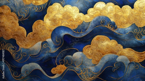 Highly decorative golden cloud and blue wave patterns, styled in an oriental tradition with inlay, eccentric penmanship, and biomorphic influences, capturing Shin Hanga artistry photo