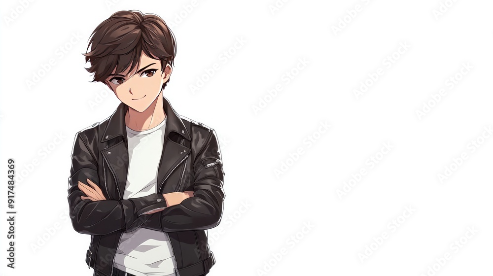 Cute anime man with a confident pose, short hair, and a leather jacket, standing with arms crossed, isolated on white Cute anime man with a confident pose, short hair, and a leather jacket, standing with arms crossed, isolated on white