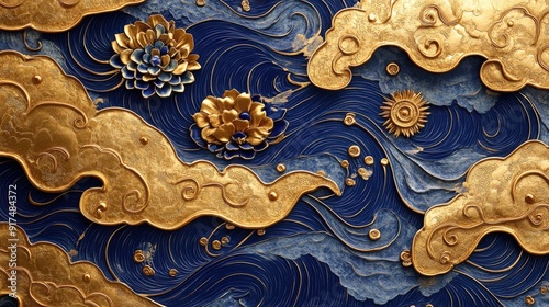 Gold and blue wave decorations with a rich oriental design, featuring intricate inlay, eccentric penmanship, and biomorphic shapes, rendered in a Shin Hanga style photo