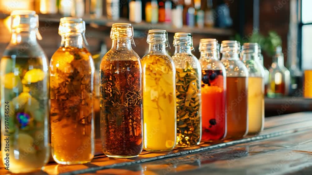 A selection of homemade beverages with fresh herbs and fruit