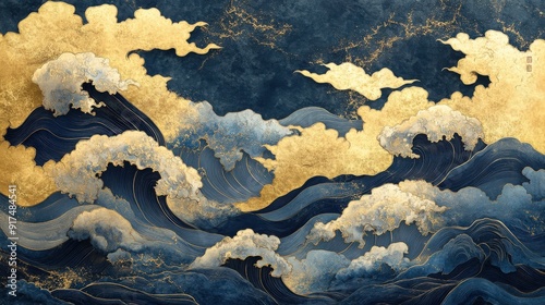 Highly detailed golden cloud and blue wave designs, influenced by oriental traditions with intricate inlay, eccentric penmanship, and biomorphic features, showcasing Shin Hanga style photo