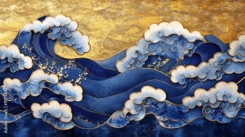 Oriental golden cloud and blue wave patterns, highly ornamented with inlay work, eccentric penmanship, and biomorphic elements, captured in the Shin Hanga style photo