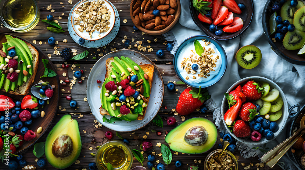 healthy food table top view featuring avocado toast, fresh fruits like strawberries and blueberries, bowls of yogurt with granola and nuts, directly above view, all arranged on a rustic wooden table. healthy food table top view featuring avocado toast, fresh fruits like strawberries and blueberries, bowls of yogurt with granola and nuts, directly above view, all arranged on a rustic wooden table.