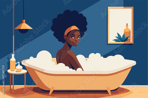 African young woman taking a bath flat vector illustration. Hygiene, morning routine, bathroom concept