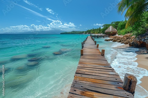 Tranquil wooden pier and picturesque shoreline at bayahibe beach in the dominican republic photo