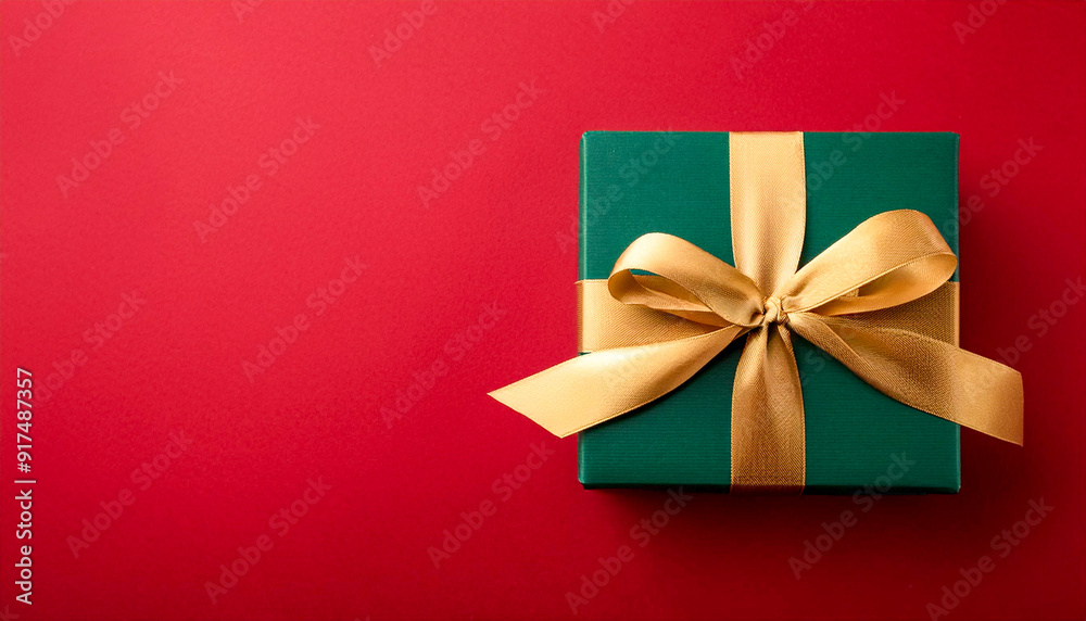 Dark green gift box with gold satin ribbon on red background. Top view of birthday gift Dark green gift box with gold satin ribbon on red background. Top view of birthday gift