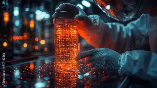 Medical Scientist Holding Vials and Tubes with Blood Cells and Virus Cure, Wide Banner with DNA Genome Sequencing, Generative AI