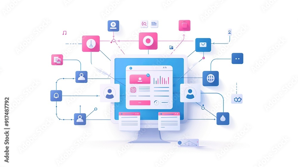 Blue and Pink Floating Elements on White Background for App Illustration Blue and Pink Floating Elements on White Background for App Illustration