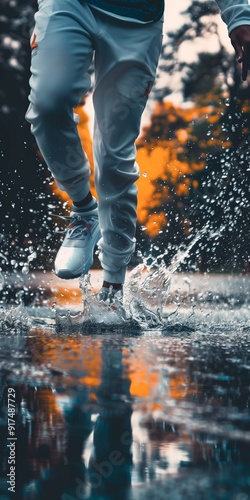 An athlete runs through a water puddle, creating an energetic splash as they move forward. The image captures the intensity, motion, and dynamic energy of a rainy day workout.