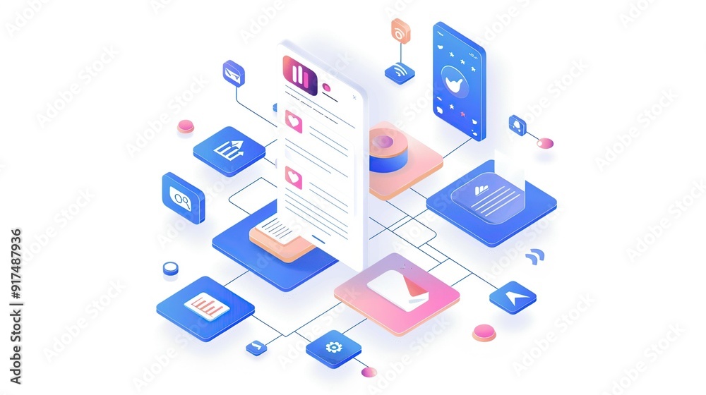 Modern App Illustration with Blue Pink Floating Boxes on White Modern App Illustration with Blue Pink Floating Boxes on White