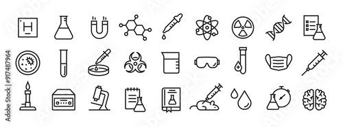 Science and lab line icon set. Editable stroke. Laboratory equipment icons. Simple outline symbols. Vector Illustration