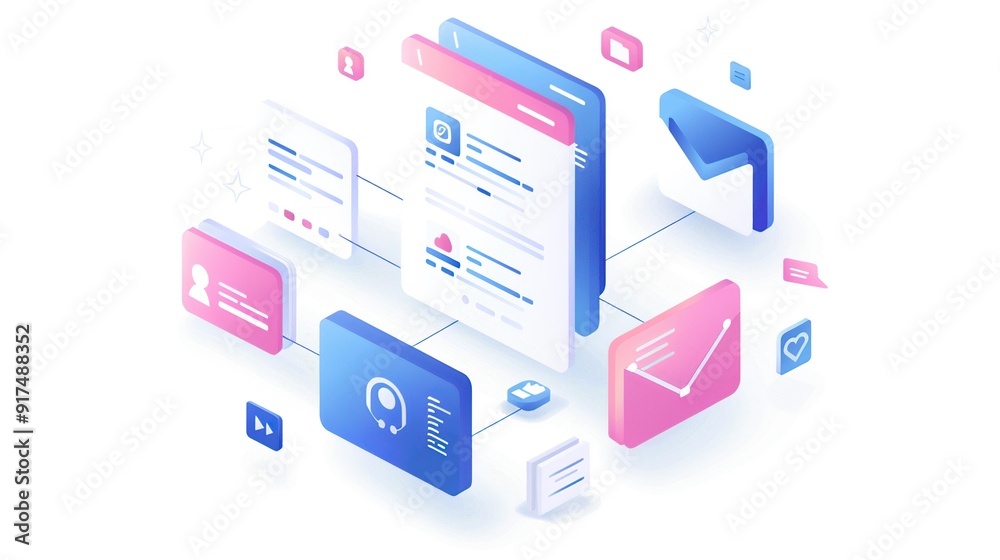 Minimalist White Background App Design with Floating Boxes in Blue and Pink Minimalist White Background App Design with Floating Boxes in Blue and Pink