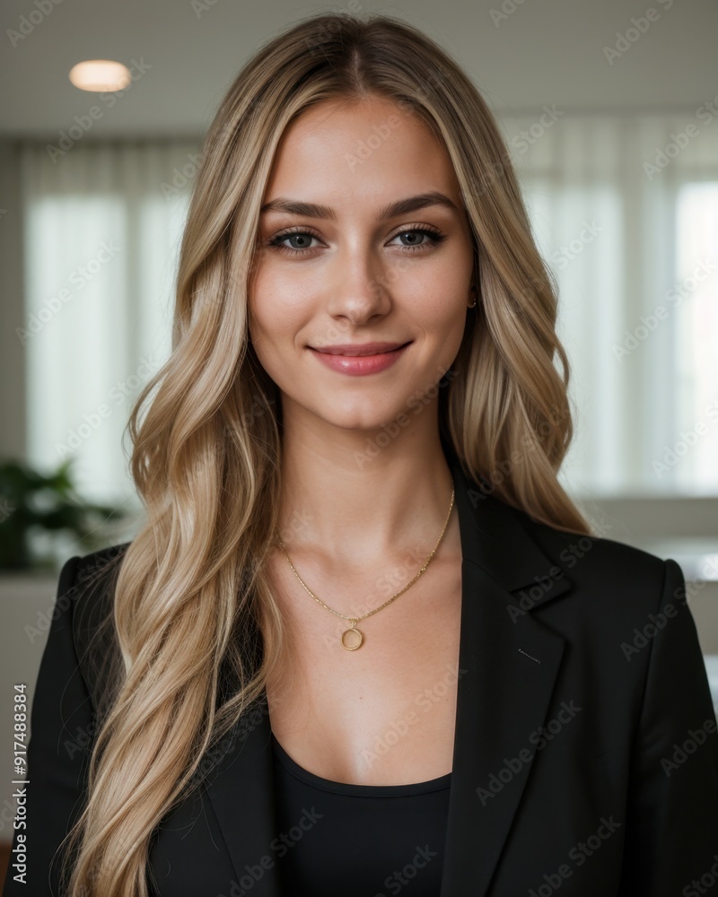 Professional young woman with long hair in black blazer subtly smiling indoors Professional young woman with long hair in black blazer subtly smiling indoors