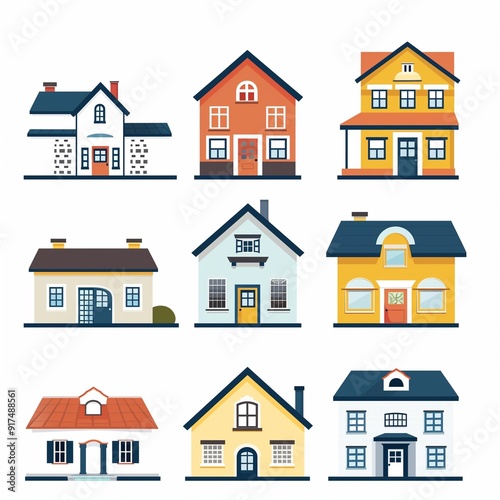 Colorful House Illustrations Set â€“ Charming Residential Building Designs for Real Estate and Architectural Projects.