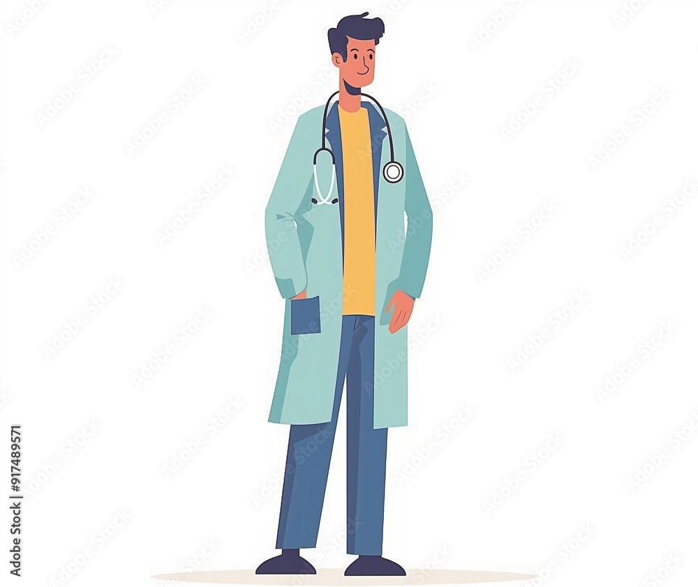 Cheerful Male Doctor Cartoon Illustration in Lab Coat with Stethoscope for Medical Content and Healthcare Education. Cheerful Male Doctor Cartoon Illustration in Lab Coat with Stethoscope for Medical Content and Healthcare Education.