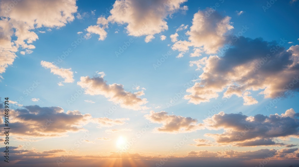 Setting sun's rays streaming through wispy clouds over a calm sky Setting sun's rays streaming through wispy clouds over a calm sky