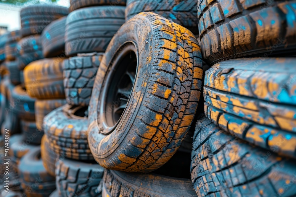 Assortment of pre owned vehicle tires in shop yard promoting eco friendly initiatives Assortment of pre owned vehicle tires in shop yard promoting eco friendly initiatives