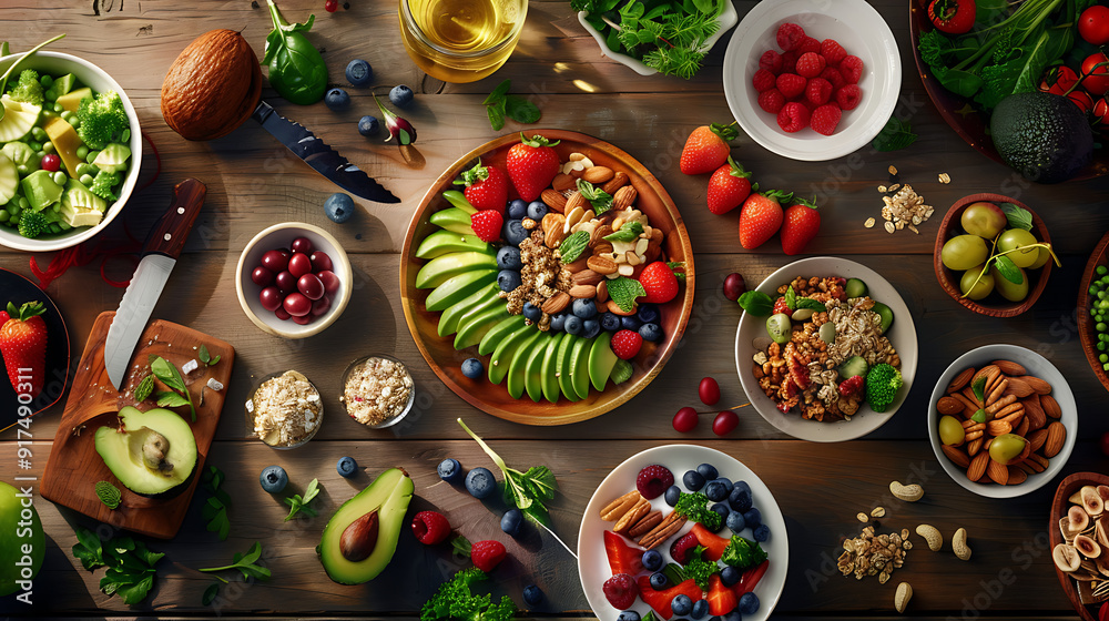 healthy food table top view featuring avocado toast, fresh fruits like strawberries and blueberries, bowls of yogurt with granola and nuts, directly above view, all arranged on a rustic wooden table. healthy food table top view featuring avocado toast, fresh fruits like strawberries and blueberries, bowls of yogurt with granola and nuts, directly above view, all arranged on a rustic wooden table.