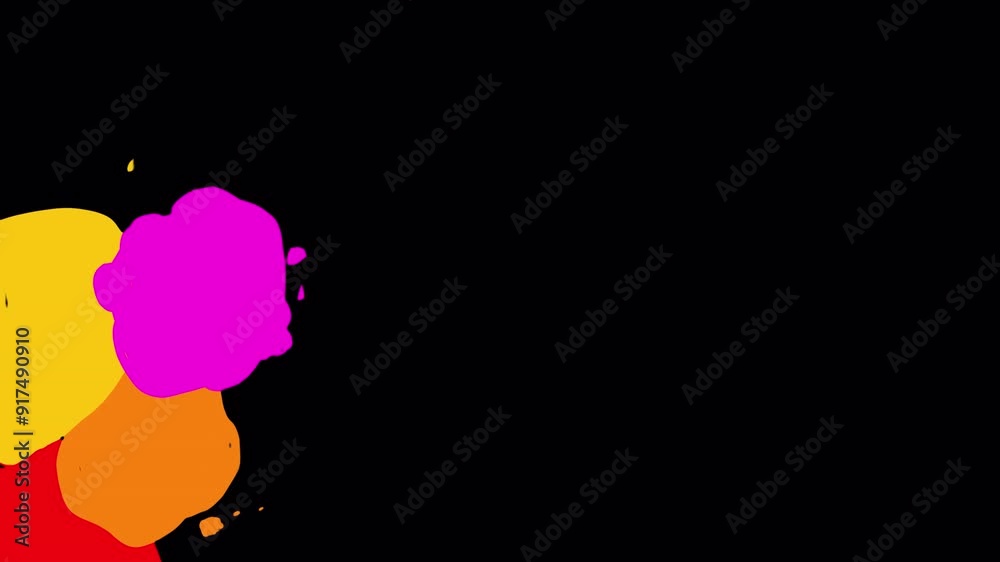 Drops of paint spread across the black screen. Cartoon video transition with shimmering of different colors. Art transition to replace the frame in 4K with an alpha channel. Drops of paint spread across the black screen. Cartoon video transition with shimmering of different colors. Art transition to replace the frame in 4K with an alpha channel.
