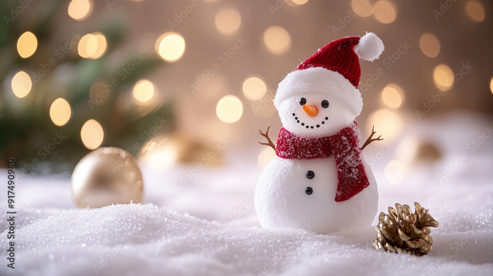 Fototapeta premium 小さいかわいい雪だるまをクリスマスコンセプトでクローズアップに描いたAI生成画像
