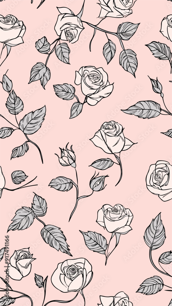 A seamless vertical pattern featuring bold red, pink, and cream roses with dark green leaves on a soft pink background. Perfect for romantic designs, social media, wallpapers, or textiles. Vertical A seamless vertical pattern featuring bold red, pink, and cream roses with dark green leaves on a soft pink background. Perfect for romantic designs, social media, wallpapers, or textiles. Vertical