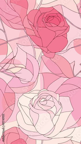 A seamless vertical pattern featuring bold red, pink, and cream roses with dark green leaves on a soft pink background. Perfect for romantic designs, social media, wallpapers, or textiles. Vertical 