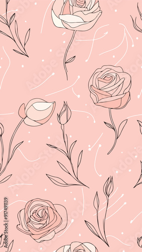 A seamless vertical pattern featuring bold red, pink, and cream roses with dark green leaves on a soft pink background. Perfect for romantic designs, social media, wallpapers, or textiles. Vertical 