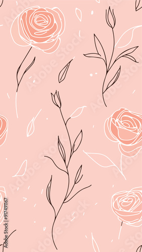 A seamless vertical pattern featuring bold red, pink, and cream roses with dark green leaves on a soft pink background. Perfect for romantic designs, social media, wallpapers, or textiles. Vertical 