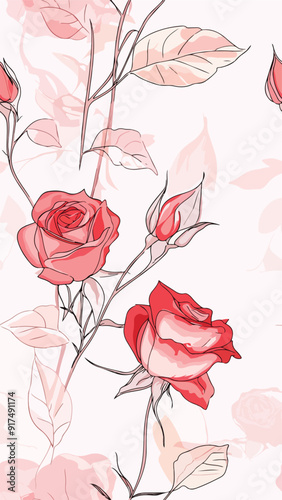 A seamless vertical pattern featuring bold red, pink, and cream roses with dark green leaves on a soft pink background. Perfect for romantic designs, social media, wallpapers, or textiles. Vertical 