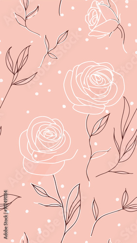 A seamless vertical pattern featuring bold red, pink, and cream roses with dark green leaves on a soft pink background. Perfect for romantic designs, social media, wallpapers, or textiles. Vertical 