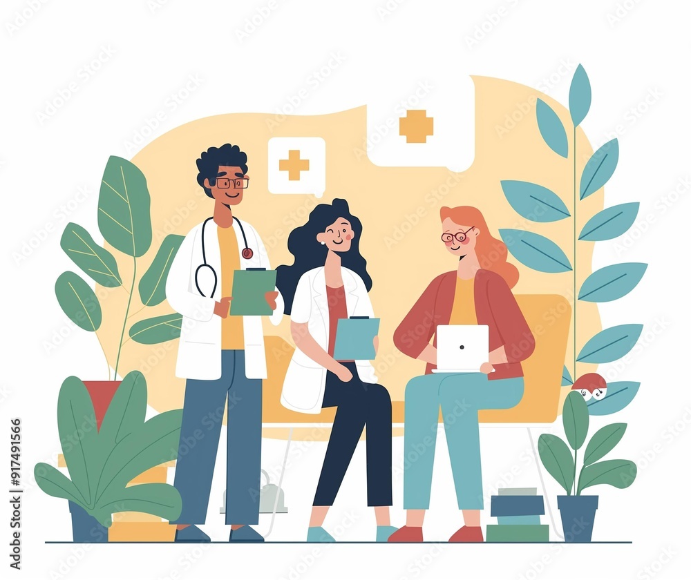 Modern Healthcare Team Discussion - Doctors and Patient in Hospital - Medical Consultation and Support Illustration. Modern Healthcare Team Discussion - Doctors and Patient in Hospital - Medical Consultation and Support Illustration.