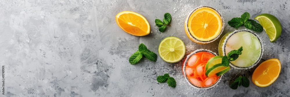Citrus Margarita Trio Featuring Orange Lemon and Lime Garnished with Fresh Mint with Space for Text Citrus Margarita Trio Featuring Orange Lemon and Lime Garnished with Fresh Mint with Space for Text