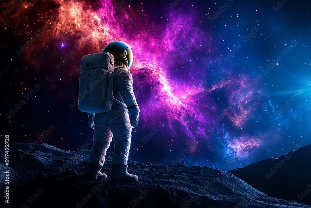 Astronaut in a spacesuit standing on a rocky surface, gazing at a vibrant, colorful cosmic nebula in space background.