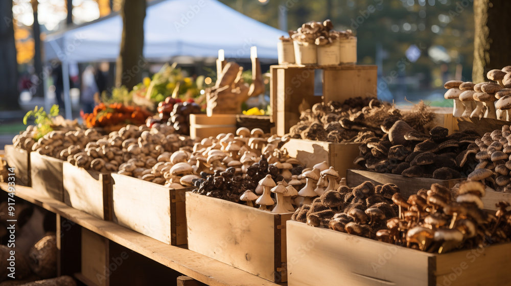 Variety Of Fresh Mushrooms Displayed In Wooden Crates At A Bustling Outdoor Market Under Warm Autumn Sunlight With Vibrant Greenery Variety Of Fresh Mushrooms Displayed In Wooden Crates At A Bustling Outdoor Market Under Warm Autumn Sunlight With Vibrant Greenery