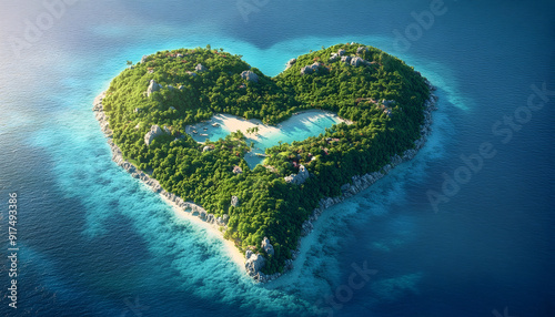 A heart-shaped island with lush greenery and pristine beaches, perfect for an exotic Valentine's Day vacation. Ultra-realistic illustration captured in high-resolution 3D rendering from an aerial view