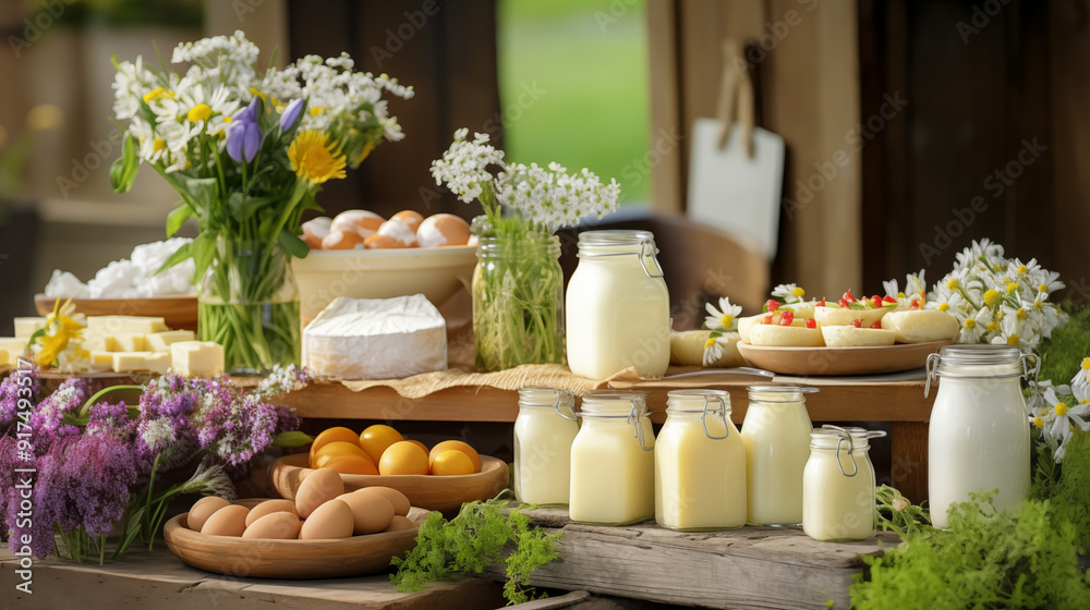Fototapeta premium Rustic Countryside Dairy Display with Fresh Eggs Cheese and Milk Outdoors