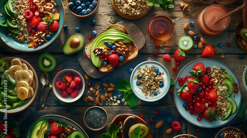 healthy food table top view featuring avocado toast, fresh fruits like strawberries and blueberries, bowls of yogurt with granola and nuts, directly above view, all arranged on a rustic wooden table. healthy food table top view featuring avocado toast, fresh fruits like strawberries and blueberries, bowls of yogurt with granola and nuts, directly above view, all arranged on a rustic wooden table.