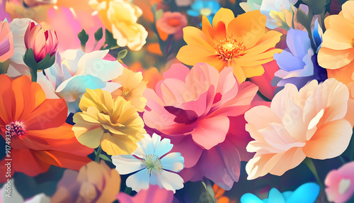 An illustration of colorful blossoming flowers with soft petals, exuding a gentle aroma in a vibrant garden